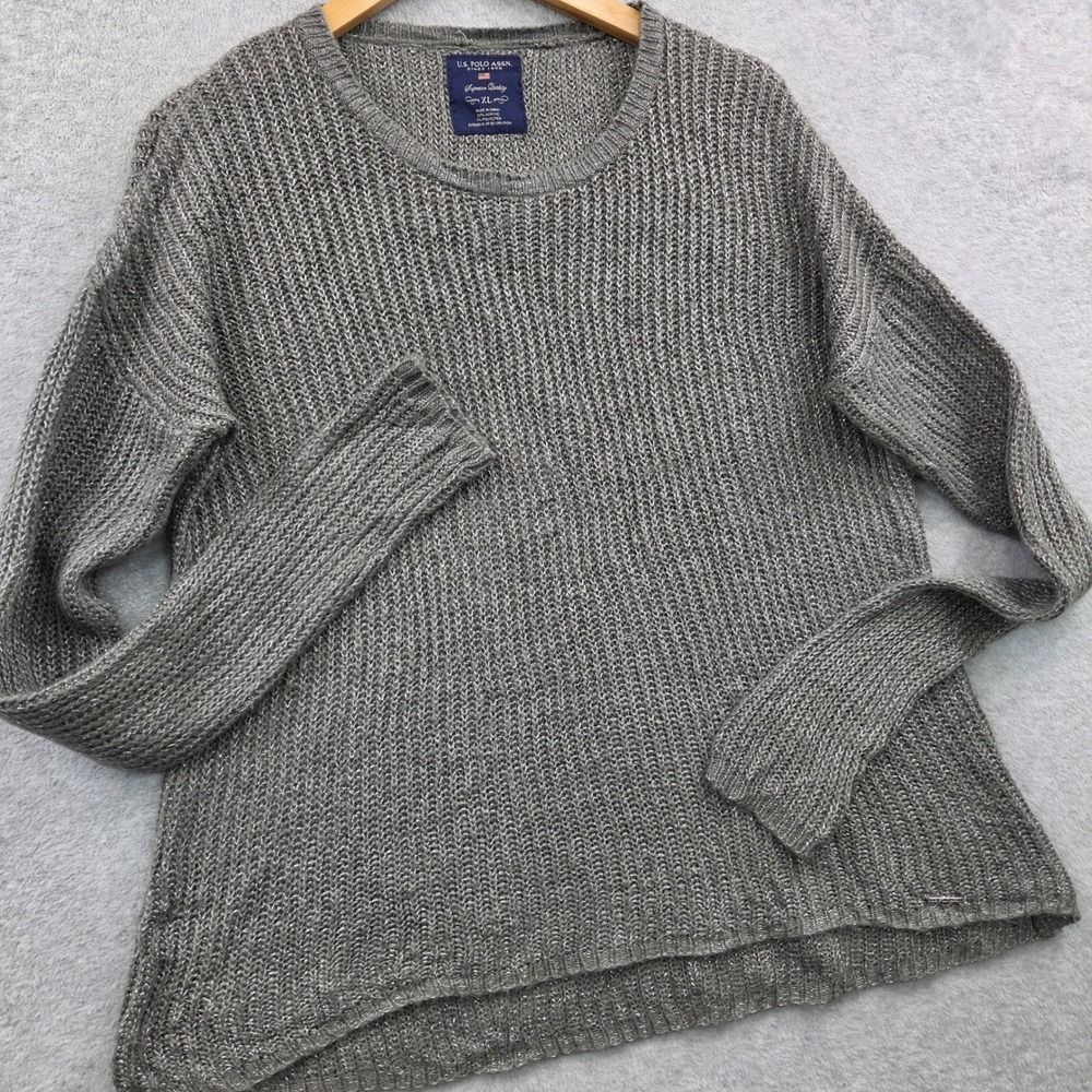 US POLO ASSN Hi-Lo Whimsigoth METALLIC SHIMMER Steampunk Sweater Womens XL Grey
